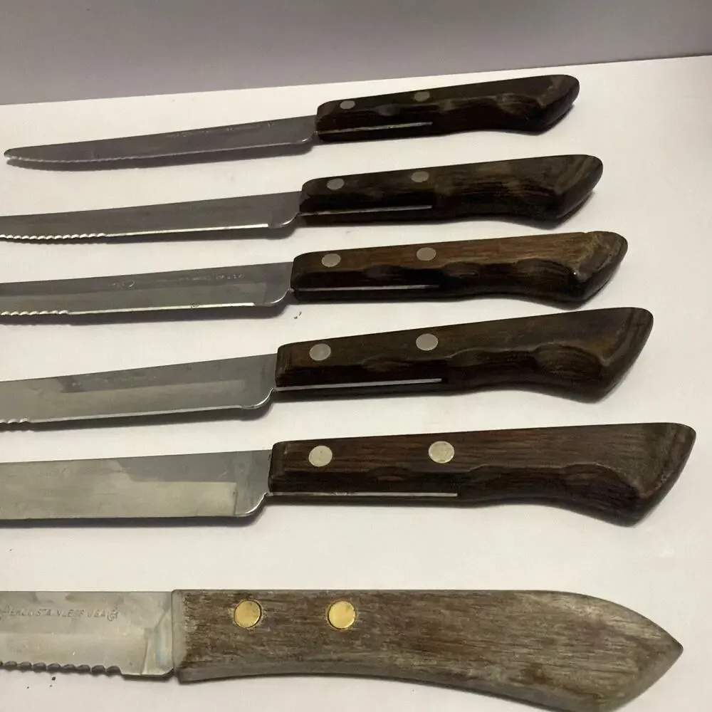 6 Echo Forge Stainless steak Knives Wood Handle Vintage